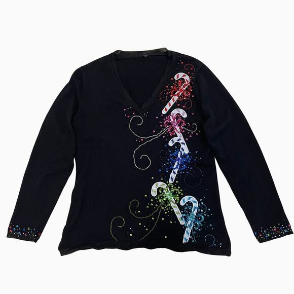 Michael Simon Vintage Christmas Sweater | Candy Canes, Holiday Black Ramie Blend - Picture 1 of 6